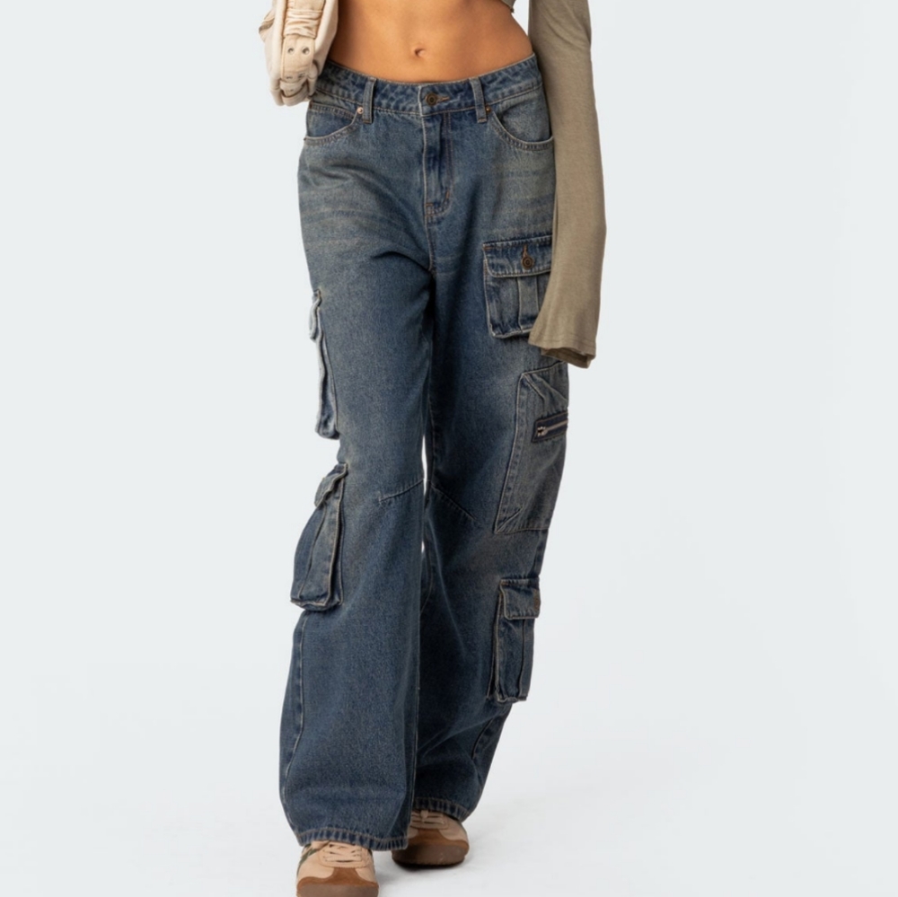 ❤️ EDIKTED NWT Y2K MID RISE BAGGY BOYFRIEND CARGO JEAN-SZ L (Size 8/10)